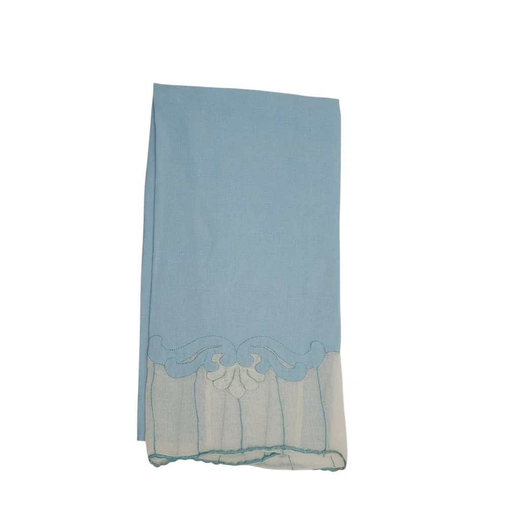 Vintage Light Blue Linen Guest‎ Towel Scalloped Sheer Organza Trim Embroidered